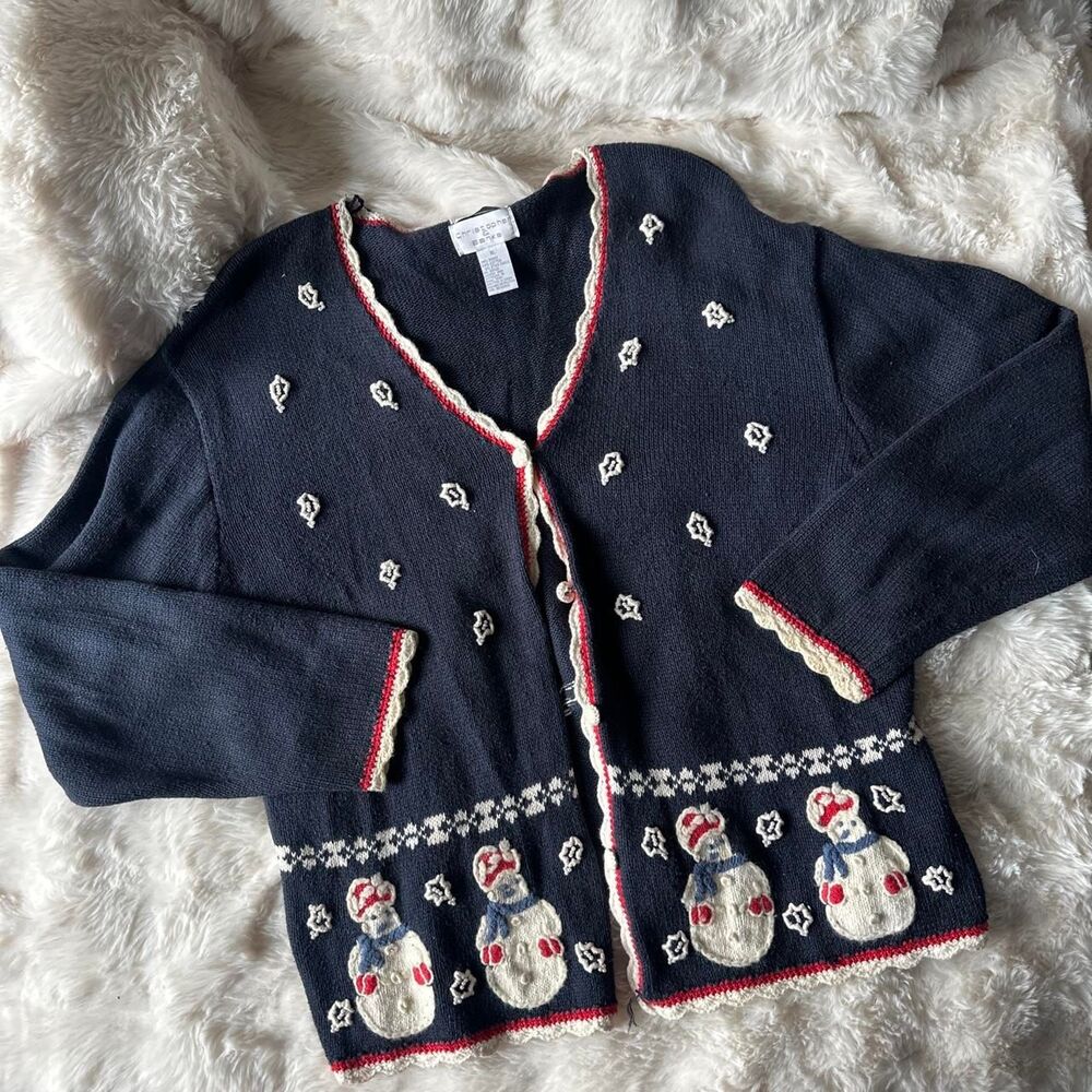 American-vintage Women's Navy and Blue Snowman Cardigan